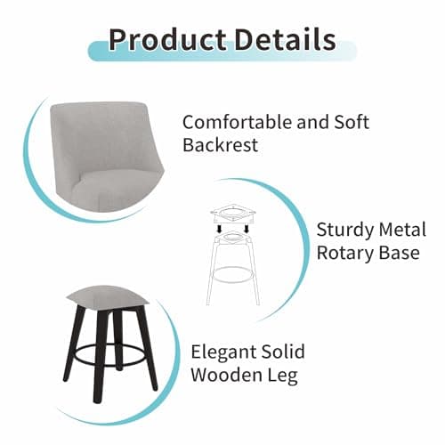 360° Swivel Counter Barstools, 26 Height Kitchen Island Stools Set of 2 with Thicken Cushion Back, Light Grey