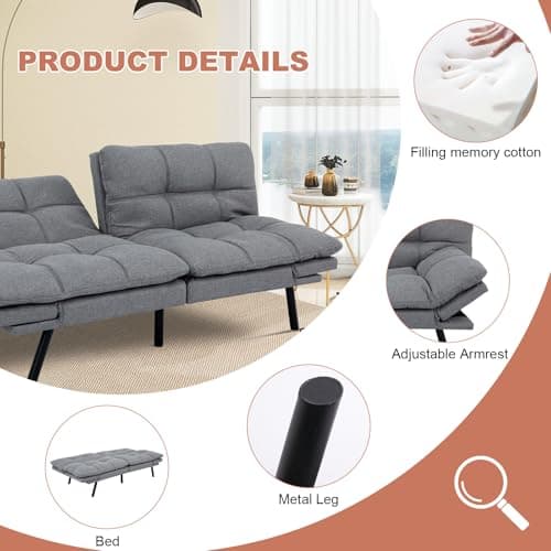 MUUEGM Grey Convertible Futon Sofa Bed, Memory Foam, Adjustable Armrest & Backrest