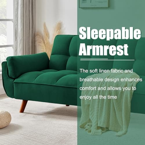 Green Convertible Futon Couch Bed, 3 Seater Sleeper Sofa with Adjustable Backrests