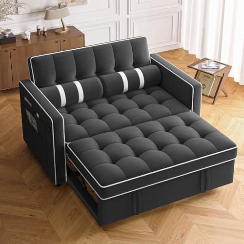 Amada 3-in-1 Convertible Sleeper Loveseat, Grey Velvet Couch with USB Ports