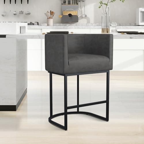 Modern counter height bar stool with backrest and cushion seat.