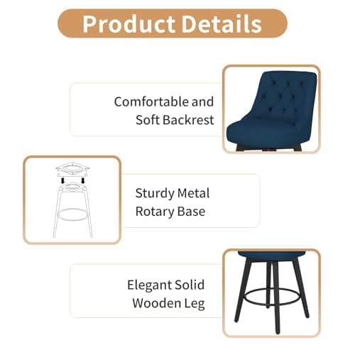 Modern Swivel Bar Stools with Solid Wood Legs, Navy Blue, 26 Counter Height, 1Pc