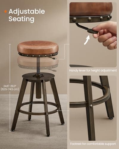 Songmics Steampunk Counter Stools, Set of 2, Adjustable Height, Caramel Brown