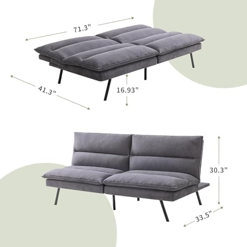 Memory Foam Futon Sofa Bed for Living Spaces, Office, Apartment - Grey Fabric