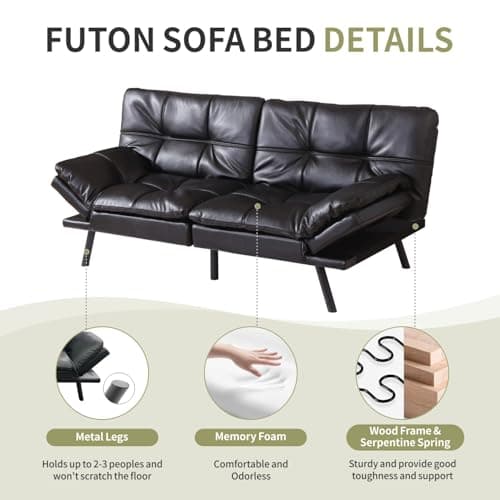 MUUEGM Futon Sofa Bed, Adjustable Backrest, Memory Foam, Black