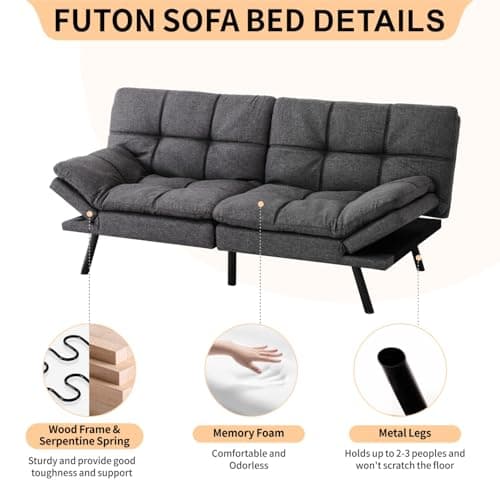 MUUEGM 71-Inch Convertible Memory Foam Futon Sofa Bed with Armrests for Small Spaces - Dark Grey