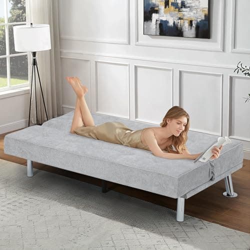 Athena Collection 5 Position Reclining Futon Sofa Bed, Grey Linen Fabric
