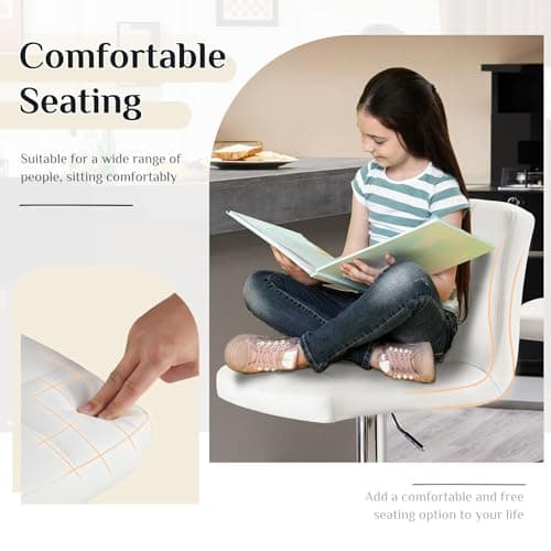 DUMOS Adjustable Swivel Bar Stools, PU Leather, White