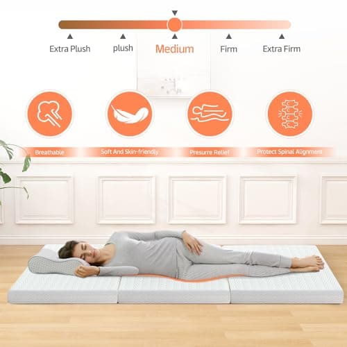 4 Inch Queen Tri Folding Memory Foam Mattress with Washable Cover - Portable Mattress Topper for Yoga/Camping/RV/Guest Beds