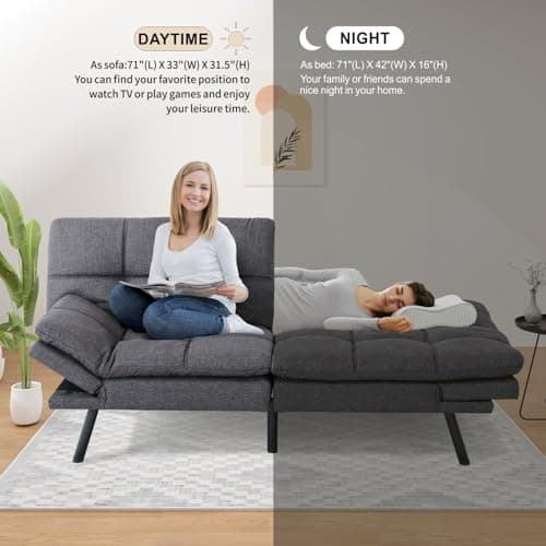 Modern Futon Sofa Bed for Small Spaces: Memory Foam, Convertible Couch.