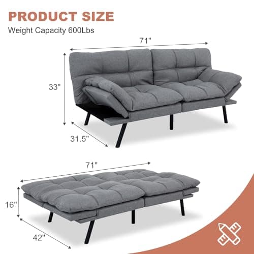 MUUEGM Grey Convertible Futon Sofa Bed, Memory Foam, Adjustable Armrest & Backrest