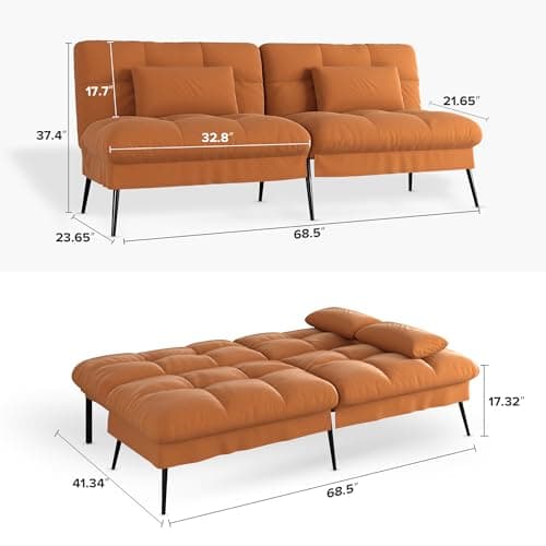 COMHOMA Orange 68" Fabric Adjustable Reclining Futon Sofa Bed