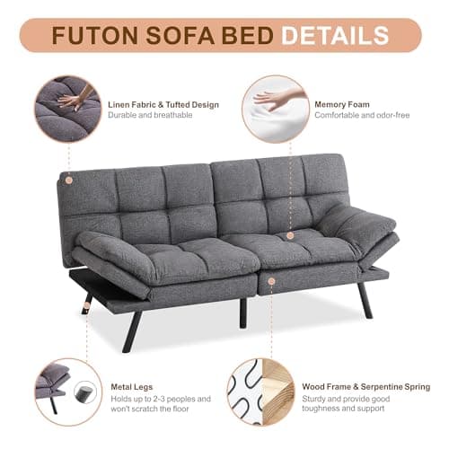 MUUEGM Futon Sofa Bed, Memory Foam Convertible Couch for Compact Space, Easy Assembly (Grey)
