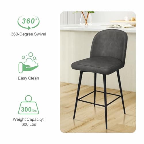 MUUEGM Set of 3 Modern 360° Swivel Bar Stools - 26.9 High Back with Metal Legs, Linen Fabric, Pure Night Black for Bar, Kitchen, Dining Room