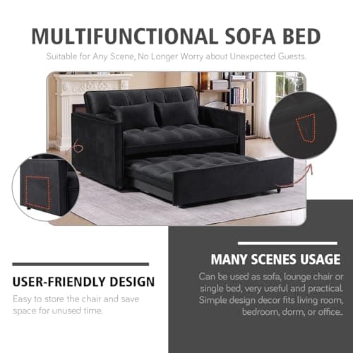 3 in 1 Velvet Convertible Sofa Bed, Black (54" Full)