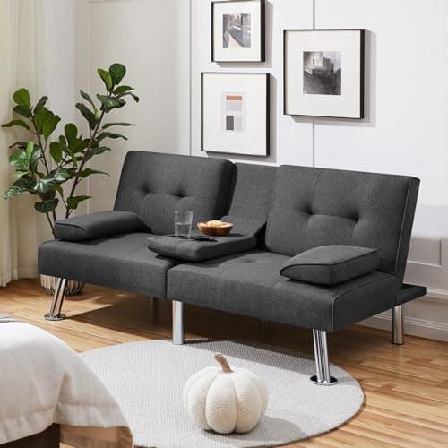 Yaheetech Dark Gray Reversible Couch Bed with Removable Armrests & Cup Holders
