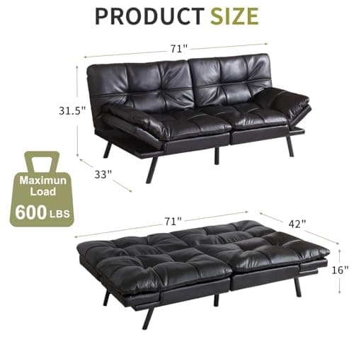 MUUEGM Futon Sofa Bed, Adjustable Backrest, Memory Foam, Black