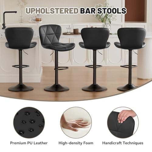 Modern Black Adjustable Bar Stools Set of 2, Counter Height with Footrest