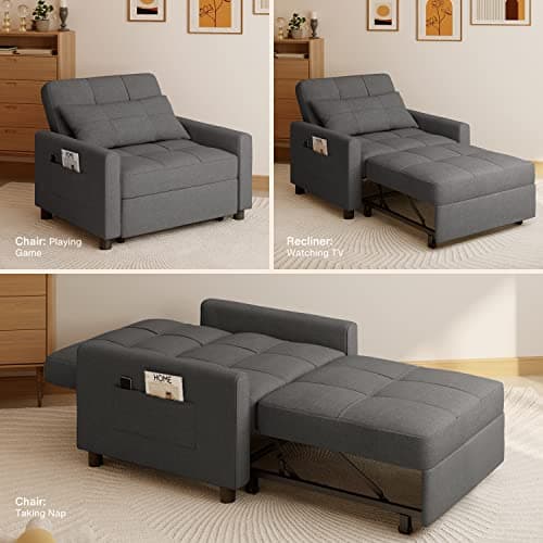 3-in-1 Convertible Futon Sofa Bed with Adjustable Backrest, Dark Grey Linen Fabric