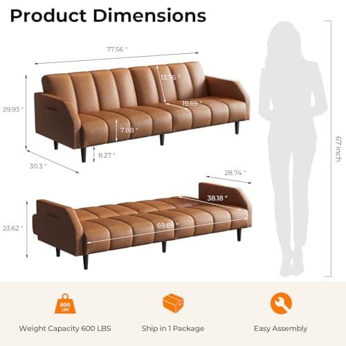 Fadware 78" Adjustable Faux Leather Futon Sleeper Couch, 2 Seater Brown