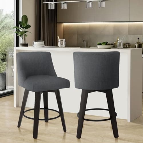 MUUEGM Set of 2 360° Swivel Bar Stools, 26 Height, Dark Grey Fabric Upholstered