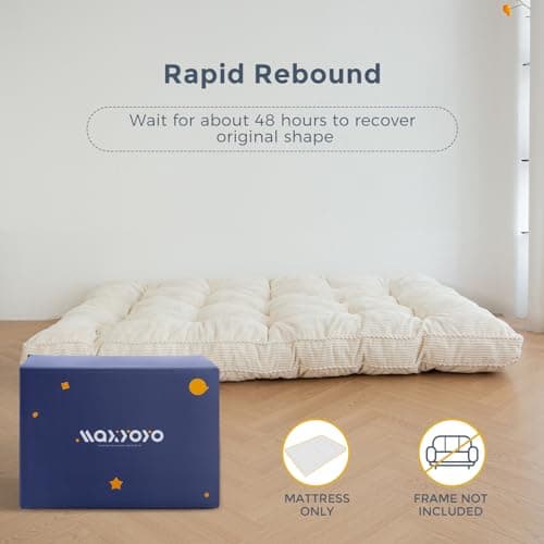 MAXYOYO 6" Tufted Queen Futon Mattress with Twisted Rope Edging, Thick Fabric & Shredded Foam (Beige)