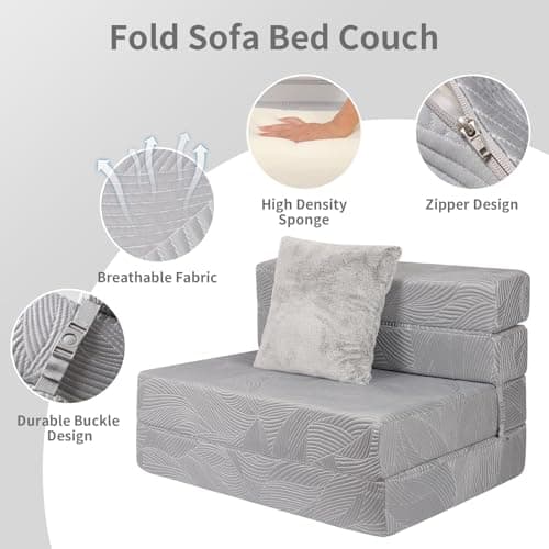 Grey High-Density Memory Foam Tri-Fold Sofa Mattress & Bed