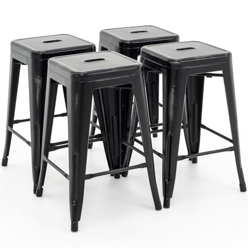 Vogue Furniture Black Metal Bar Stools - 24" Square Seat Indoor-Outdoor Set
