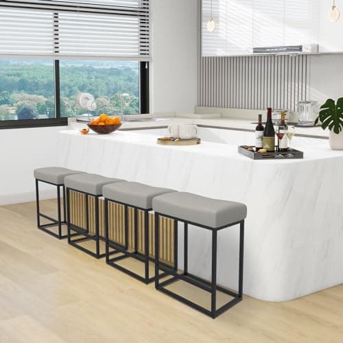 Set of 4 Modern Kitchen Barstools with Metal Base, 25 inch Counter Height, Light Grey PU Leather Saddle Stools