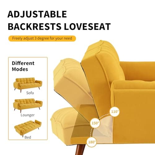 Golden Yellow Convertible Futon 3 Seater Sofa Bed, Linen Upholstery, Modern Design