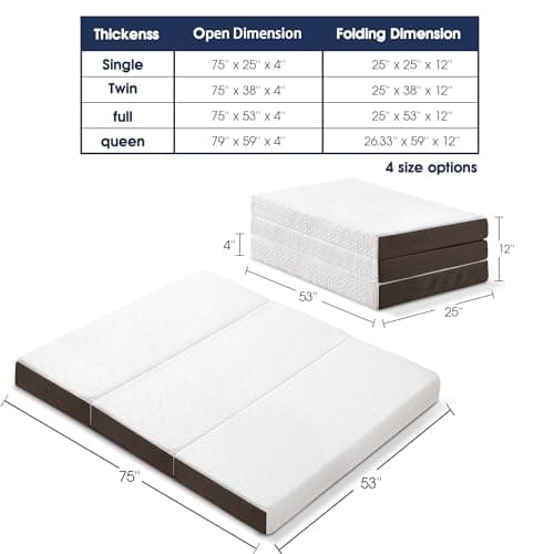 BedLuxury Portable Memory Foam Tri-Fold Mattress - Full Size with Storage Bag