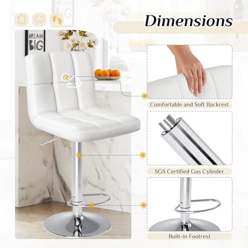 DUMOS Adjustable Swivel Bar Stools, PU Leather, White