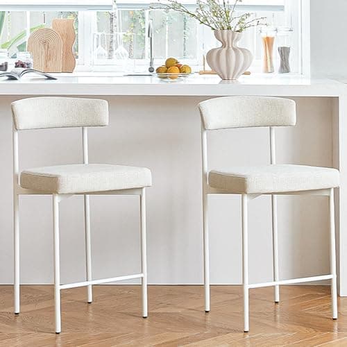 Beige Curved Back Bar Stools Set of 2, 24 Inch Counter Height