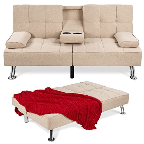 Best Choice Products Reclining Linen Folding Futon Sofa Bed, 2 Cupholders - Black