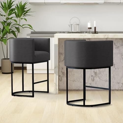26.4 H Counter Height Bar Stools Set of 2, Modern Barrel Stools, Black Metal Frames, Upholstered Kitchen Island Stools