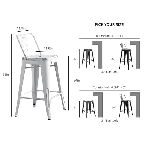 AC Pacific Rustic Style Modern Metal Barstool Set of 2 - Distressed White, Low Back