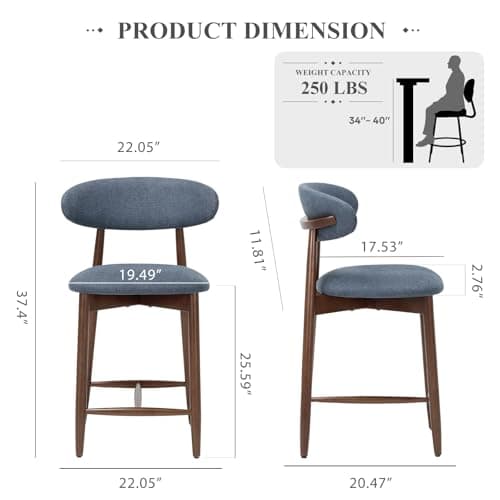 COLAMY Mid Century Modern Blue Wooden Bar Stools, Counter Height, 25" Padded Seat, 250 Lbs Weight Limit