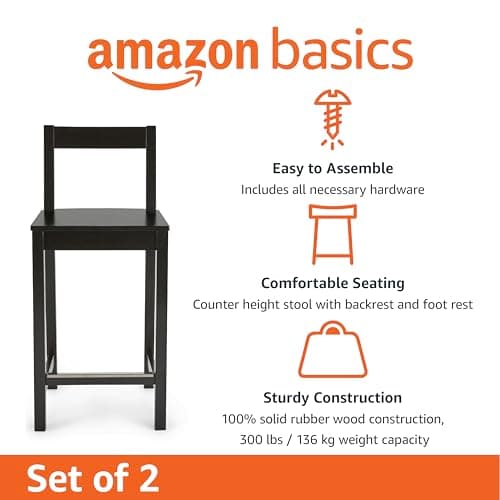 Amazon Basics Black Wooden Bar Stool with Backrest, 24", Set of 2