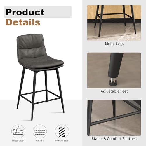 Upholstered Bar Stools Set of 2 with Back and Metal Legs for Kitchen Island - Dark Grey