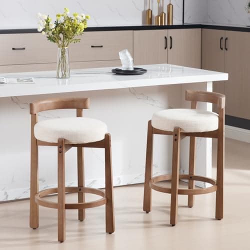 Mid-Century Linen Upholstered Bar Stools, Beige, Set of 2