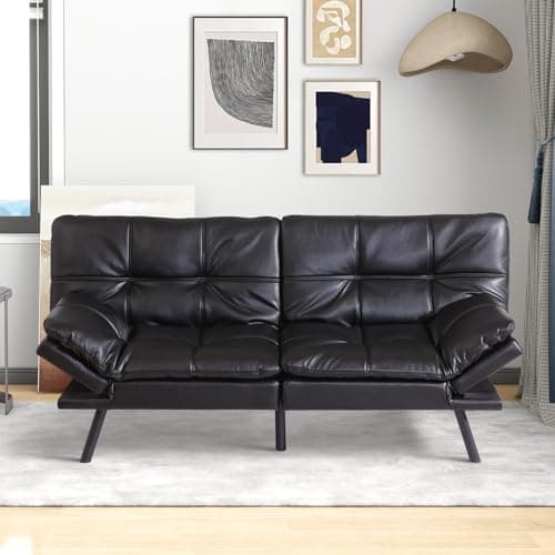 MUUEGM Futon Sofa Bed with Memory Foam, Modern Faux Leather, Adjustable Backrests and Armrests, Brown
