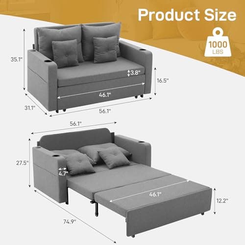 3 in 1 Full Size Loveseat Sleeper Sofa with Storage, USB, Grey