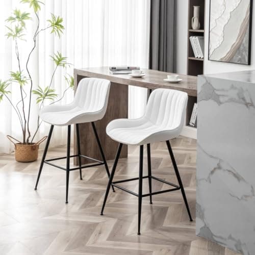 White Bar Stools with Fabric Upholstery for Kitchen and Bar (Set of 2).