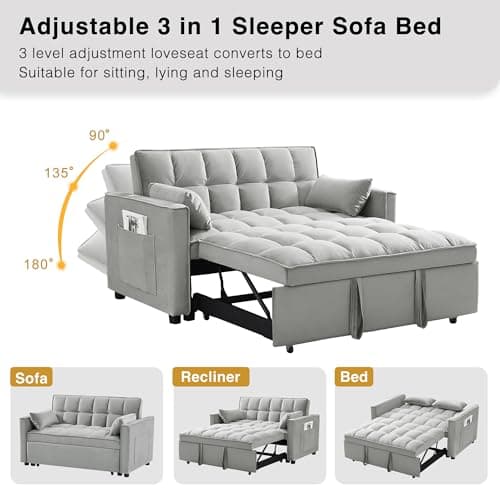 3-in-1 Grey Convertible Sleeper Sofa Bed with Side Pocket & Adjustable Backrest