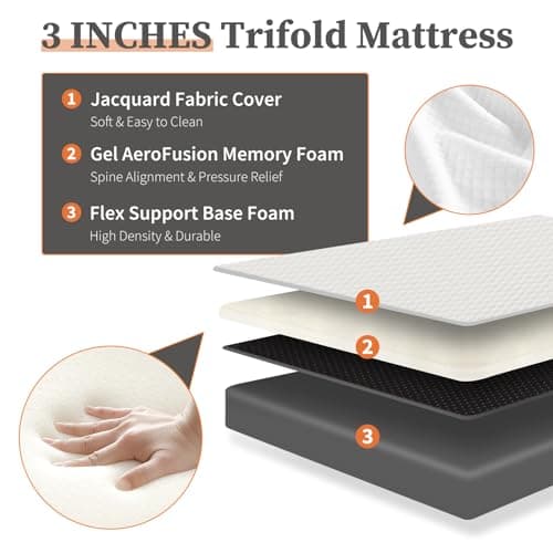 Folding Memory Foam Mattress Topper, Twin Size, 3" Trifold, Washable Cover