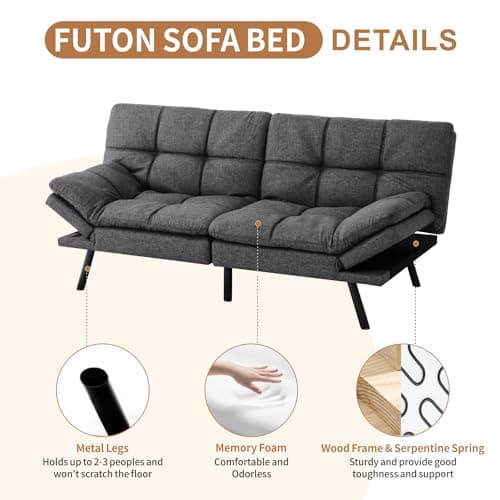 Memory Foam Futon Sofa Bed for Small Spaces - Grey Fabric