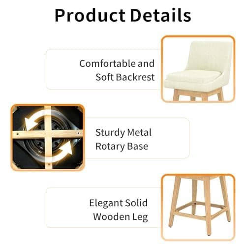 Swivel Barstool with Back, Memory Foam Upholstered Farmhouse Bar Stool - Linen Ivory