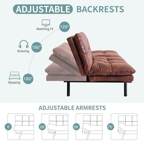 Memory Foam Futon Sofa Bed with Adjustable Backrest in Brown for Living Room