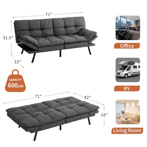 Adjust Backrest Futon Sofa Bed with Memory Foam - 71 for Studios, Apartments, Dormitories, Offices, and Game Rooms.