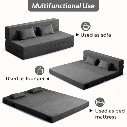 Dark Gray 3-in-1 Foldable Sofa Bed with Memory Foam Mattress Futon